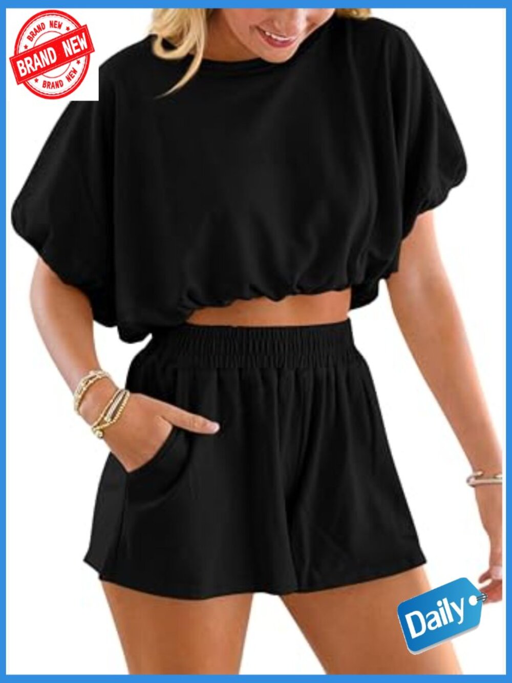 2 Piece Shorts Lounge Set Bubble Crop Top Casual Travel Outfit